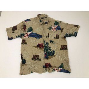 Vintage Puritan Men’s L Beige Hawaiian Automobile Button Down Shirt *11